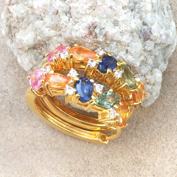 Rainbow Sapphire Gold Vermeil Hoop Earrings Genuine Gemstones Blue Pink Orange - Picture 13 of 16